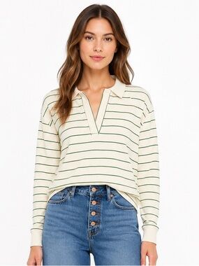 Madewell Green Stripe Collared Sweatshirt Pullover Cream Cozy Preppy Top Small‎